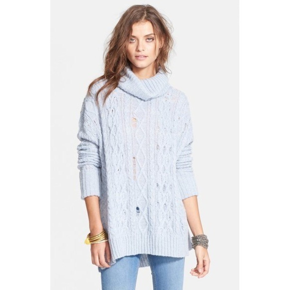 Free People Sweater Women Small Blue Distressed Cowl Neck Alpaca Wool Blend